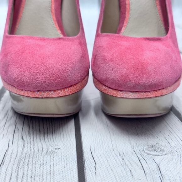 BRIAN ATWOOD Fontanne Suede Pink Orange Platform Stiletto Pumps Size  7 1/2 - Picture 3 of 12